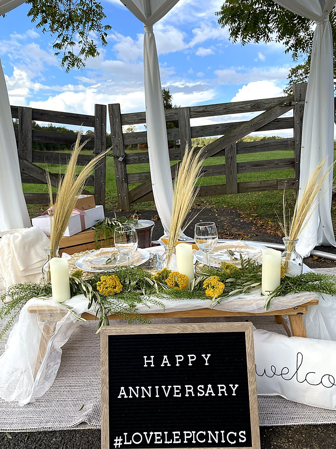 LoveLe Picnics anniversary setup — low picnic table with candles, pampas grass and a Happy Anniversary sign