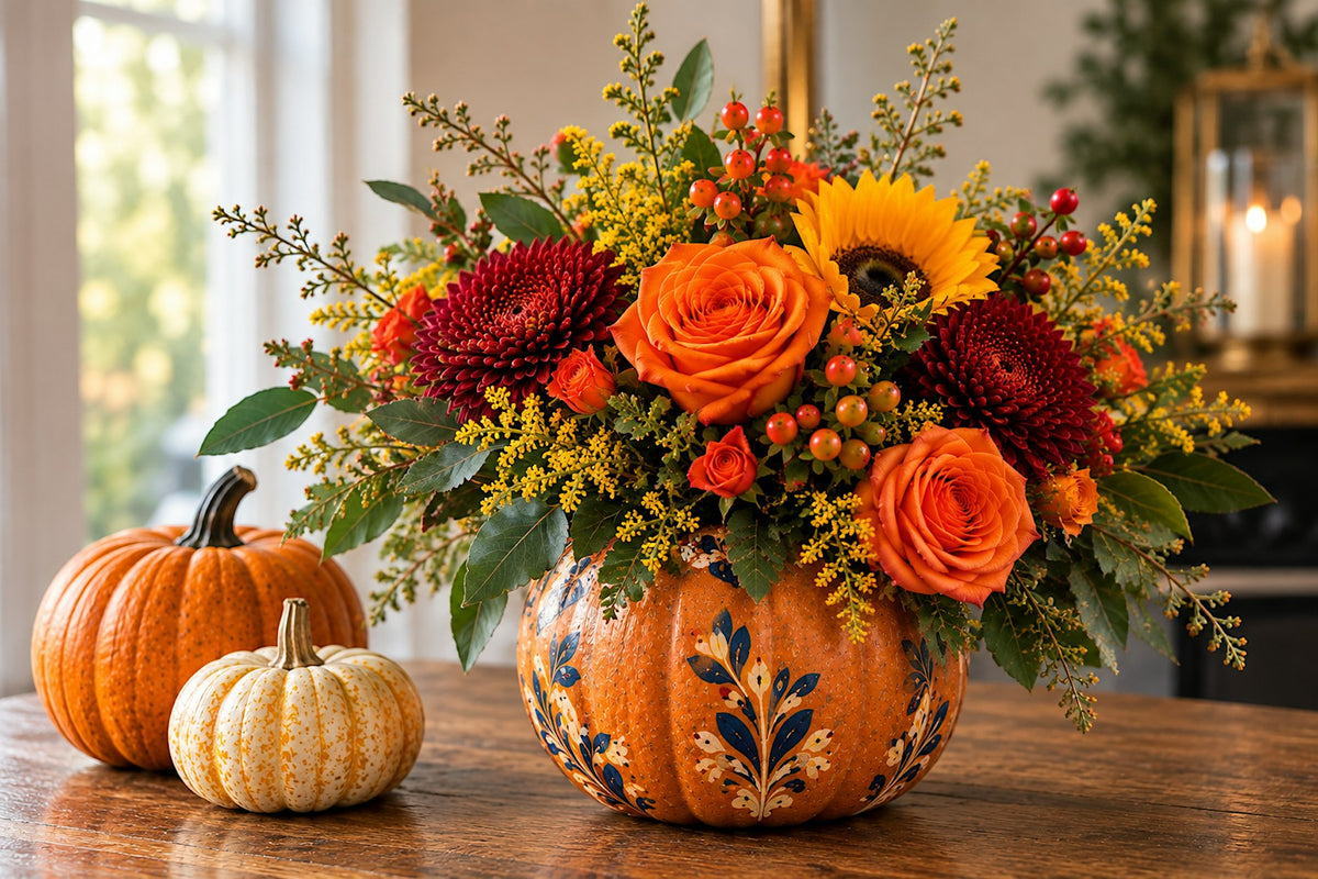Sip, Paint & Bloom workshop — hand-painted pumpkin filled with fall flowers, by LoveLe Sweets